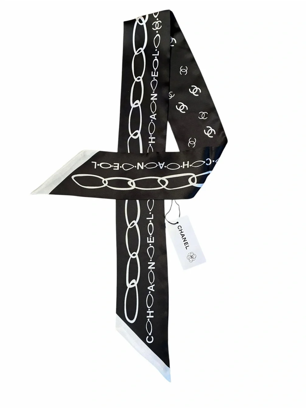 ChaneI. Black and Ivory Logo Twilly, Hair, Muffler Scarf 100% Silk